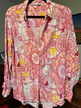 Jane and Delancey Pink Paisley-Print Button Front Shirt with Yellow Accents